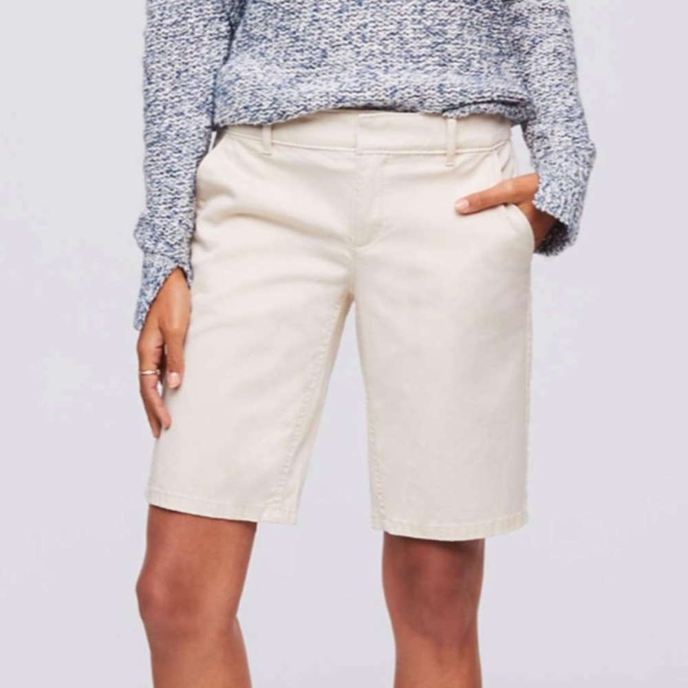 LOFT khaki bermuda shorts sateen cotton light tan - Picture 9 of 16